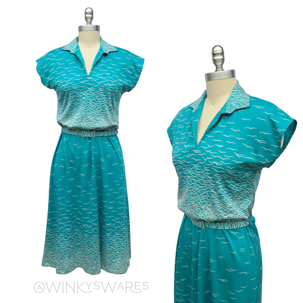 Vintage 70s Seagull Print Shirt Dress Size S Blue Miss Yolene France Belted